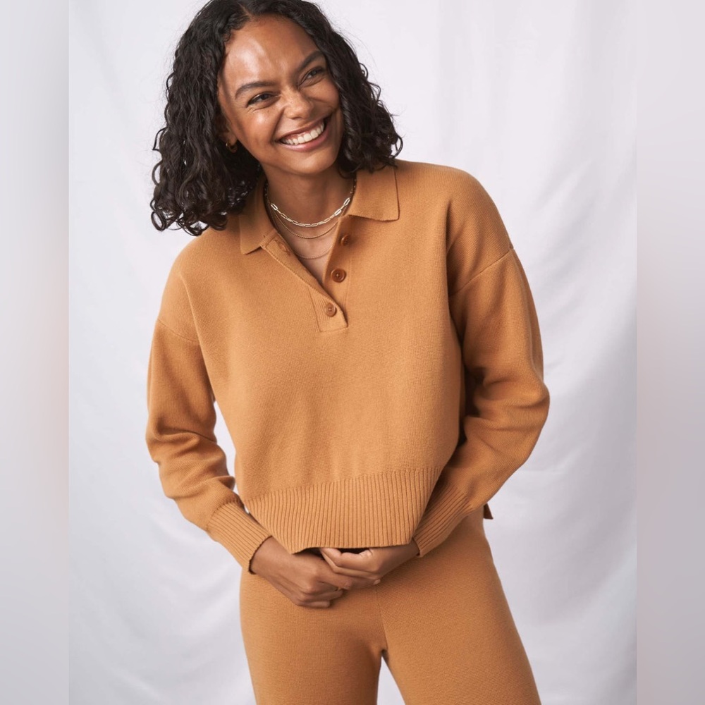 United By Blue Recycled Sweater Polo - Hazelnut (Burnt Orange) Size S